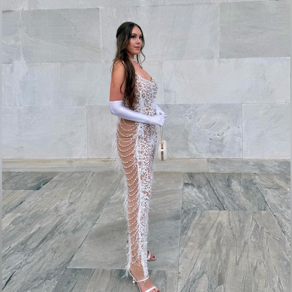 Bella Barnett White Feather Pearl Evening Dress